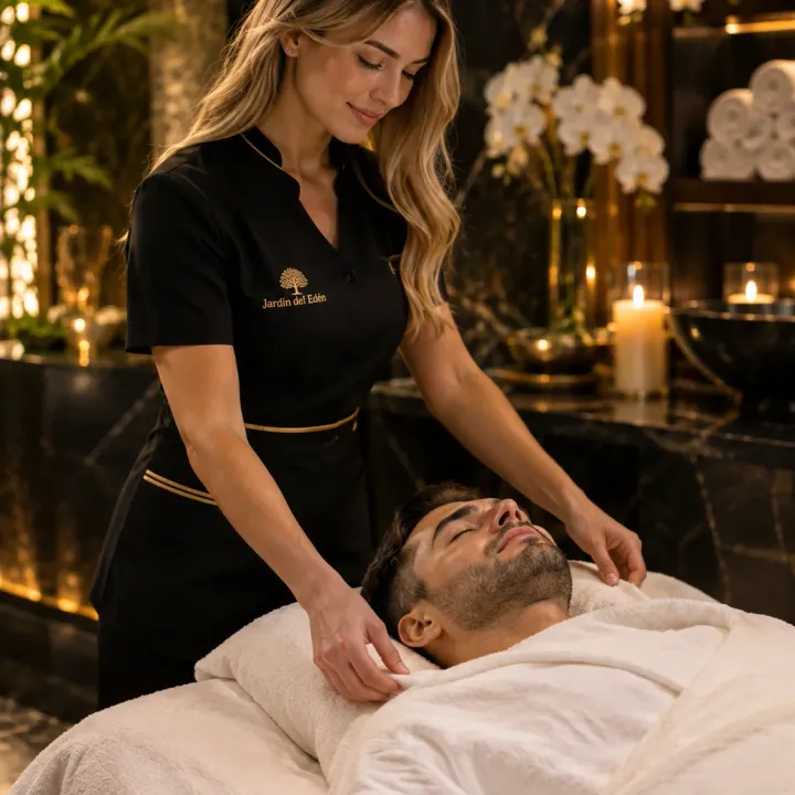 Terapeuta en uniforme preparando la suite para un ritual Nuru despertar