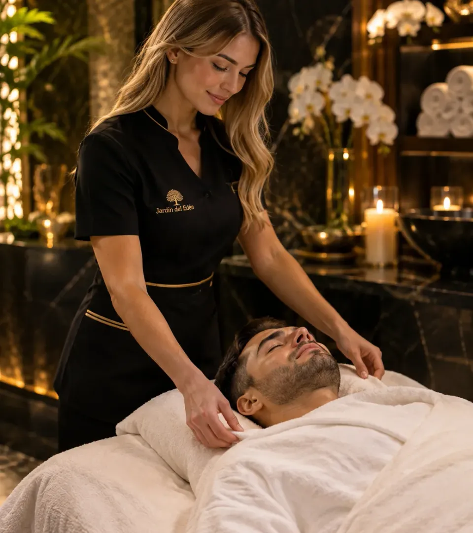 Camilla preparada en una suite privada de spa tántrico en Bogotá