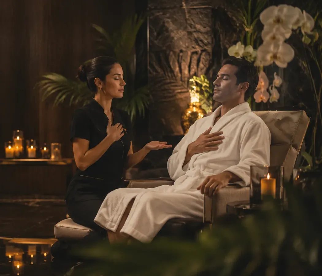 Respiración compartida guiada por una terapeuta antes de un ritual tántrico
