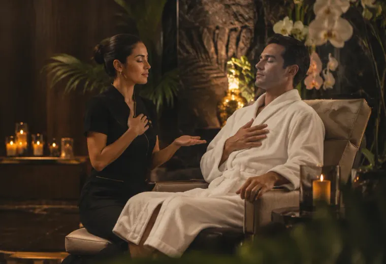 Respiración compartida guiada por una terapeuta antes de un ritual tántrico